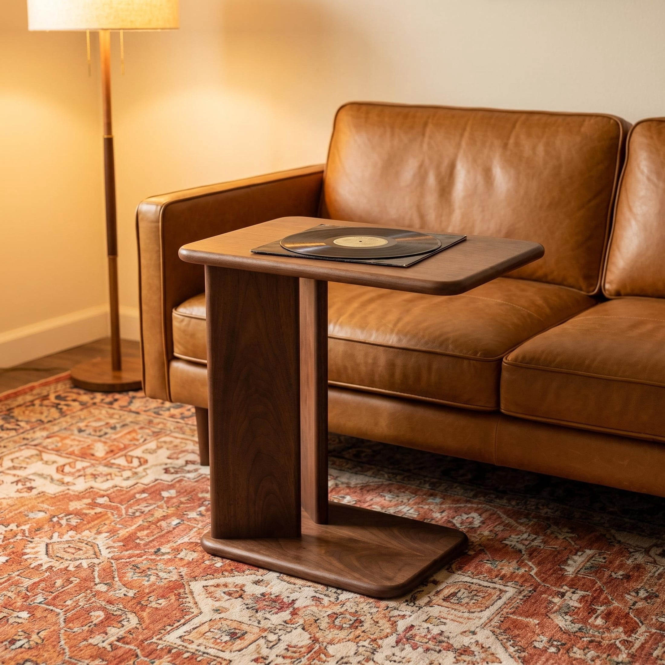 GDF Studio 23.6" Modern C-Shaped Side Table with 2-Tier Storage Shelves, Walnut