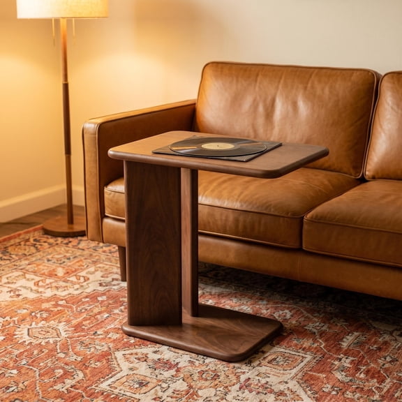 GDF Studio 23.6" Modern C-Shaped Side Table with 2-Tier Storage Shelves, Walnut