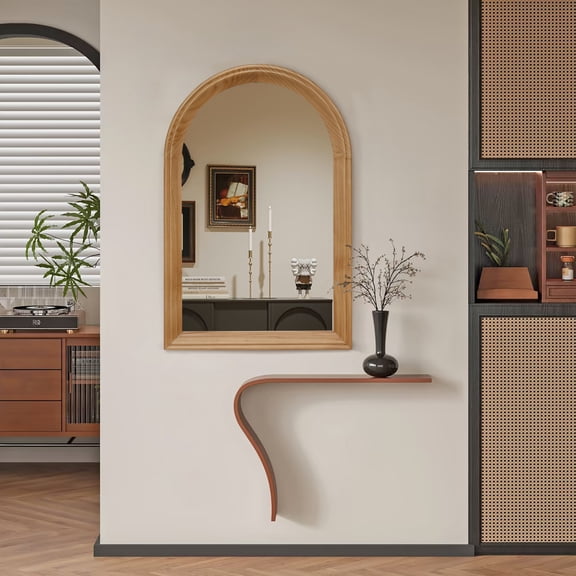 GDF Studio 23.62" Arched Solid Wood Framed Wall Mirror, Modern Rustic Decorative Vanity Mirror, Natural Oak