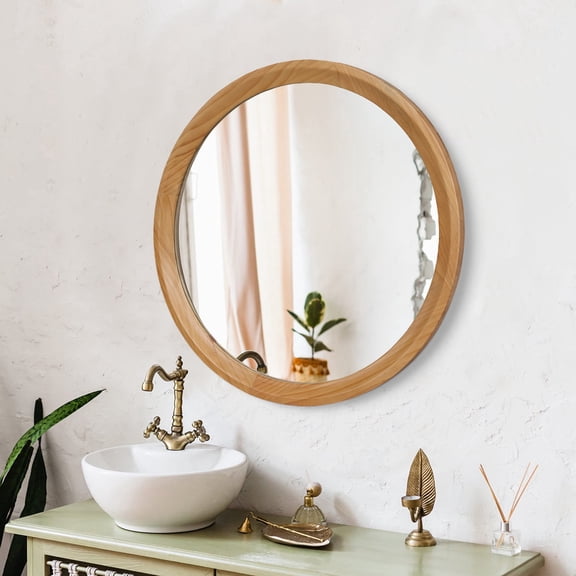GDF Studio 23.62" Natural Wood Round Wall Mirror, Minimalist Sleek Solid Wood Frame, Bathroom Vanity, Natural