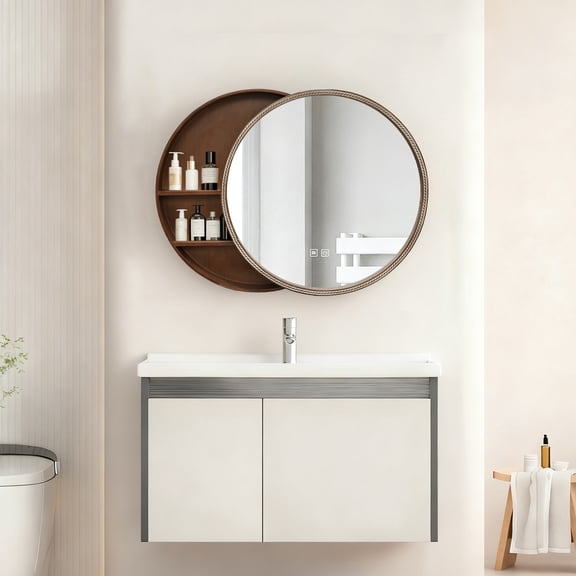 GDF Studio 23.62" Sliding Round Wall Mirror with Storage Cabinet, Wood Bathroom Vanity Mirror, Space-Saving, Natural
