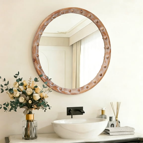 GDF Studio 23.62" Vintage Rustic Round Wall Mirror, Decorative Distressed Wood Frame with Rivet Detail, Natural
