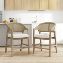 GDF Studio 24.25" Counter Height Bar Stools with Beige Cushion, Rattan Back, Light Ash Wood Frame, Set of 2