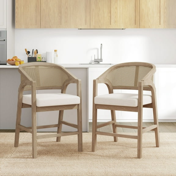 GDF Studio 24.25" Counter Height Bar Stools with Beige Cushion, Rattan Back, Light Ash Wood Frame, Set of 2