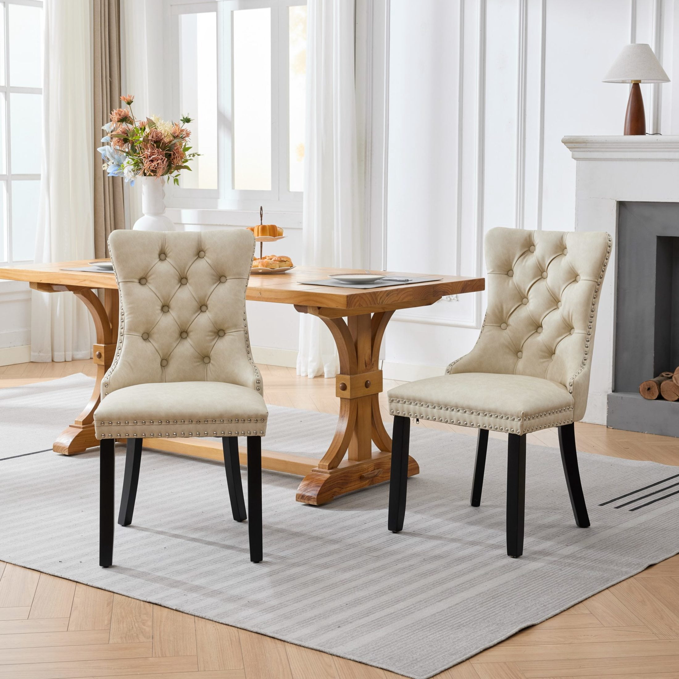 GDF Studio 24.4" Vintage Dining Chairs Set of 2 with PU Upholstery, Button-Tufted High Back, Beige