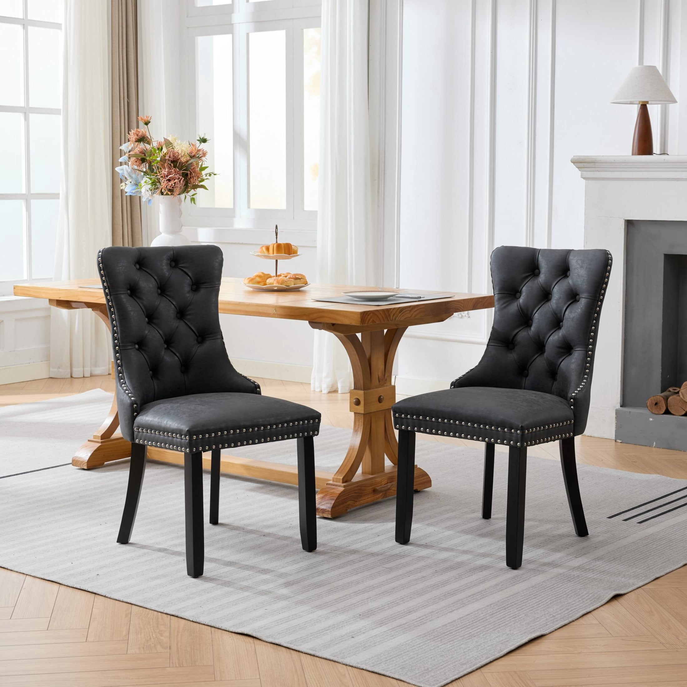 GDF Studio 24.4" Vintage Dining Chairs Set of 2 with PU Upholstery, Button-Tufted High Back, Charcoal Black