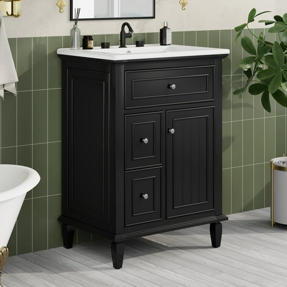 GDF Studio 24" Bathroom Vanity with Sink, Open-Back for Plumbing, Cabinet with Drawers and Adjustable Shelf, Black