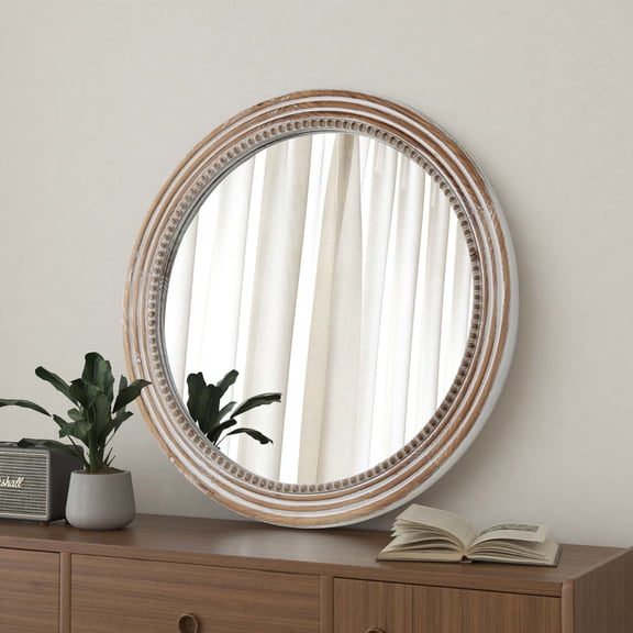 GDF Studio 24" Round Beaded Wall Mirror, Handcrafted Rustic White Wood Mirror for Living Room, Bathroom, Natural