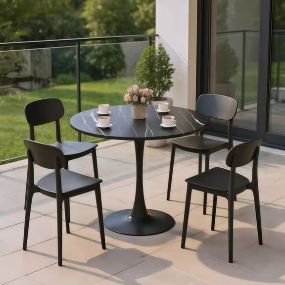 GDF Studio 24" Round Modern Dining Table, Wooden Top Tulip Table with Steel Pedestal Base, Kitchen Table, Black Marble