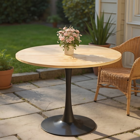 GDF Studio 24" Round Modern Dining Table, Wooden Top Tulip Table with Steel Pedestal Base, Kitchen Table, Natural