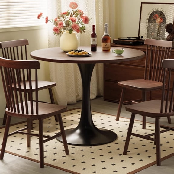 GDF Studio 24" Round Modern Dining Table, Wooden Top Tulip Table with Steel Pedestal Base, Kitchen Table, Walnut