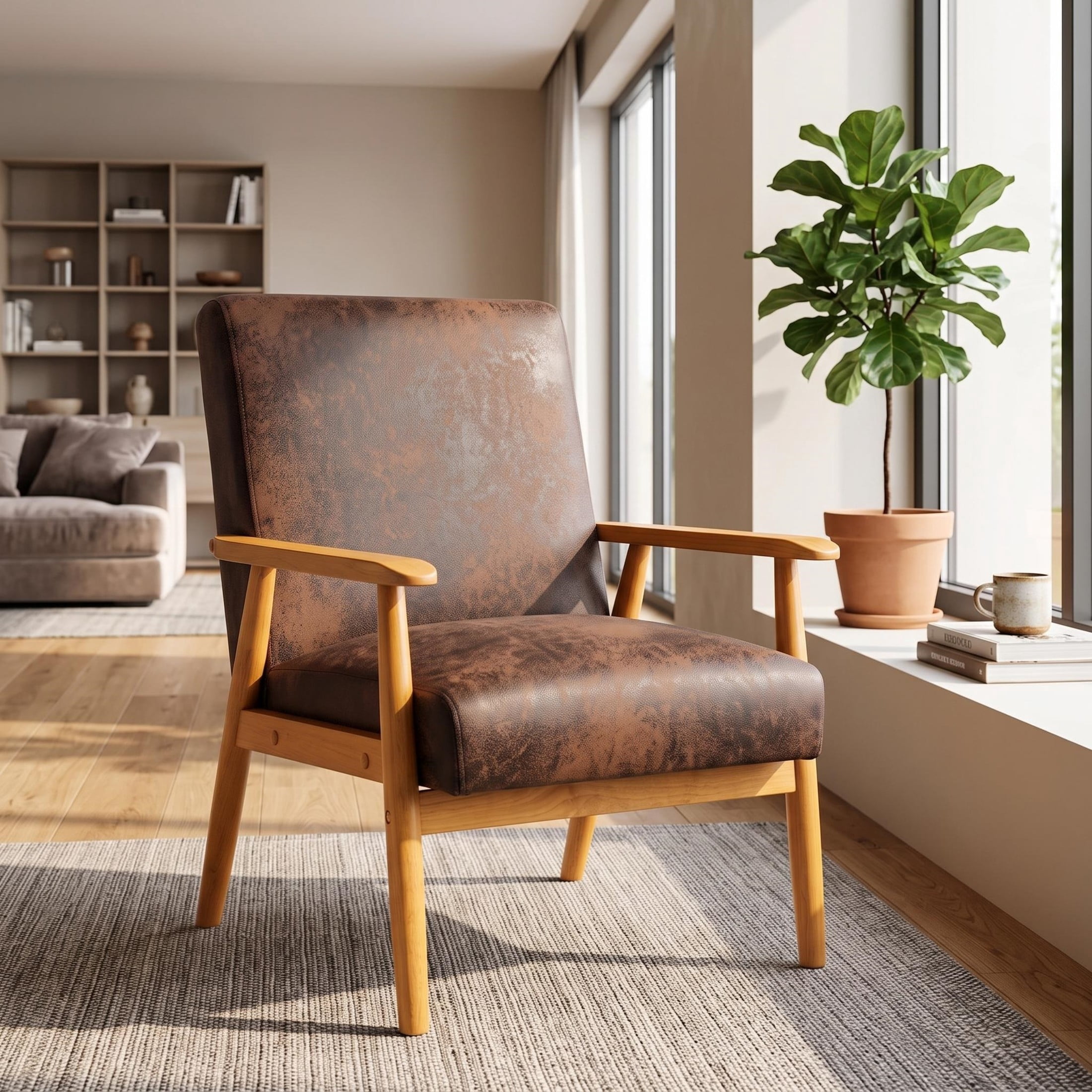 GDF Studio 25.38" Mid-Century Modern Armchair with Tapered Solid Wood Arms, Microfiber Upholstery, Brown