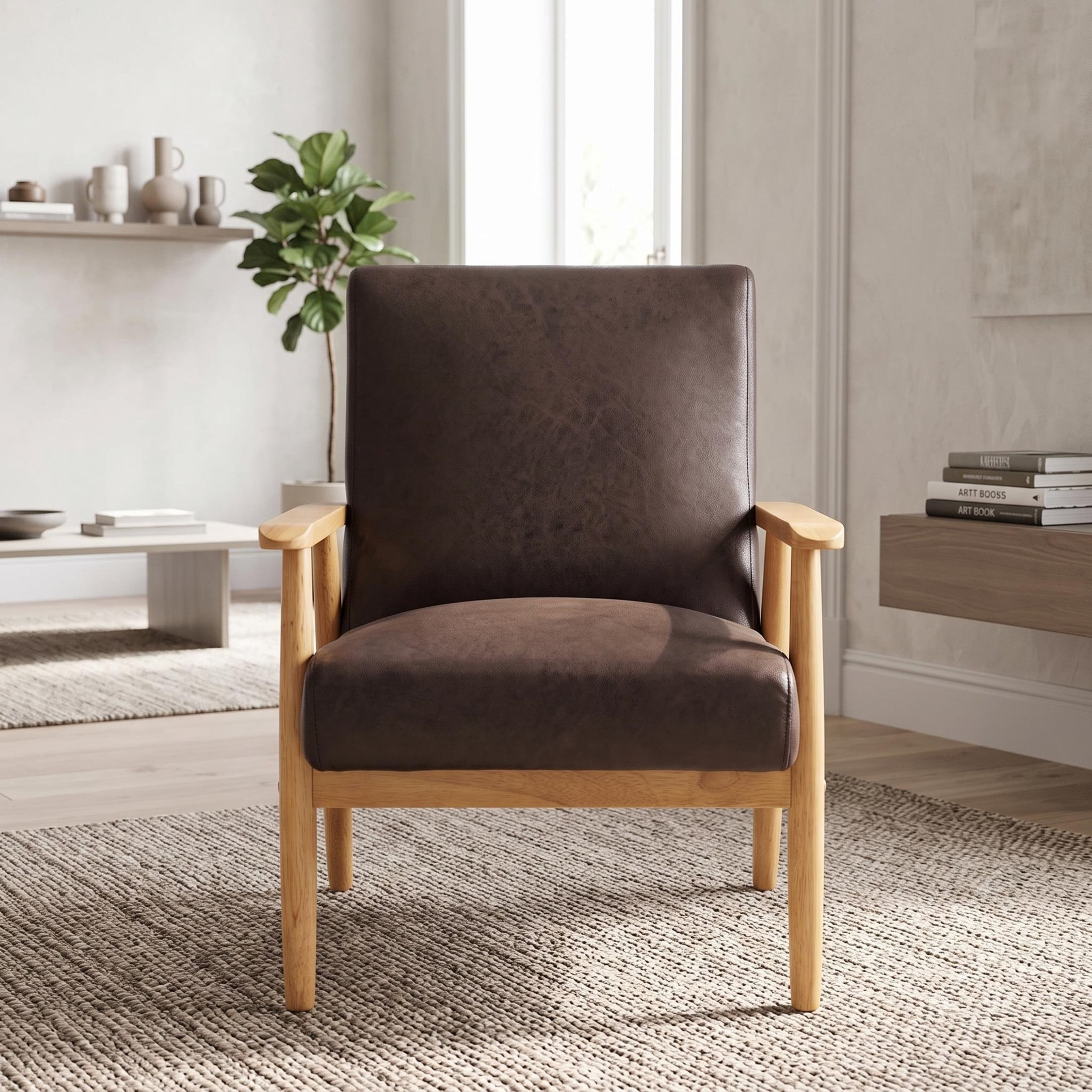 GDF Studio 25.38" Mid-Century Modern Armchair with Tapered Solid Wood Arms, Microfiber Upholstery, Dark Brown