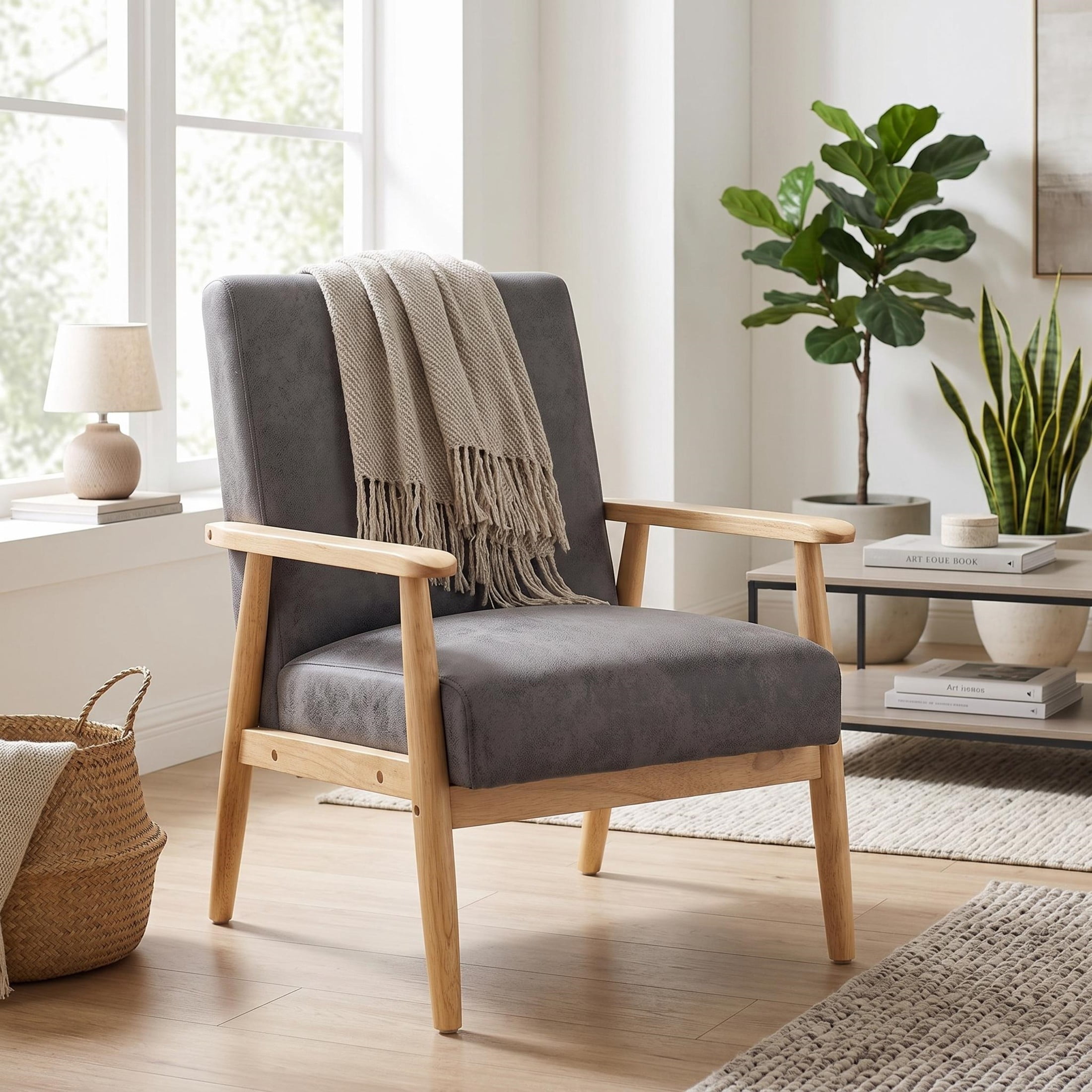 GDF Studio 25.38" Mid-Century Modern Armchair with Tapered Solid Wood Arms, Microfiber Upholstery, Gray
