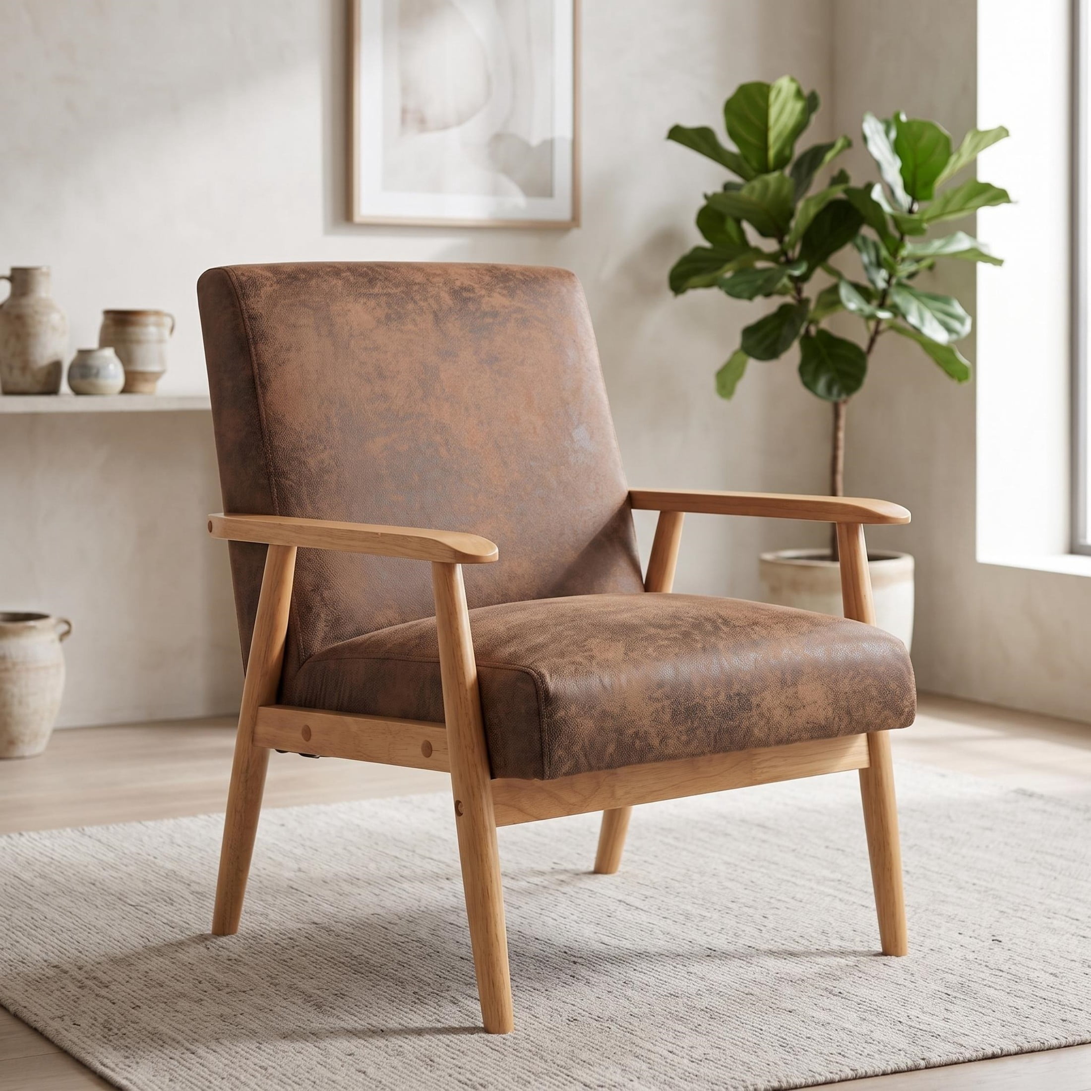 GDF Studio 25.38" Mid-Century Modern Armchair with Tapered Solid Wood Arms, Microfiber Upholstery, Light Brown
