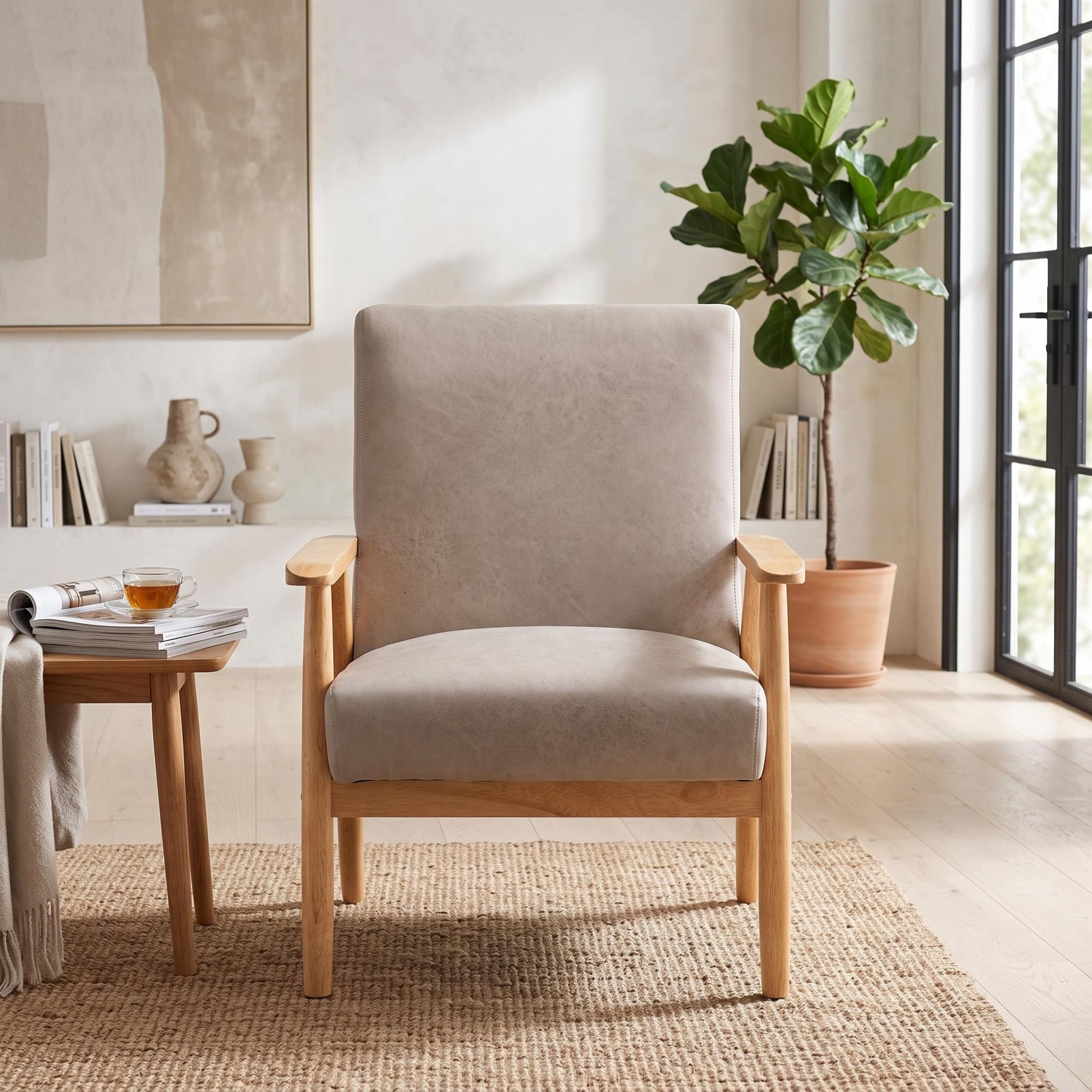 GDF Studio 25.38" Mid-Century Modern Armchair with Tapered Solid Wood Arms, Microfiber Upholstery, Light Camel