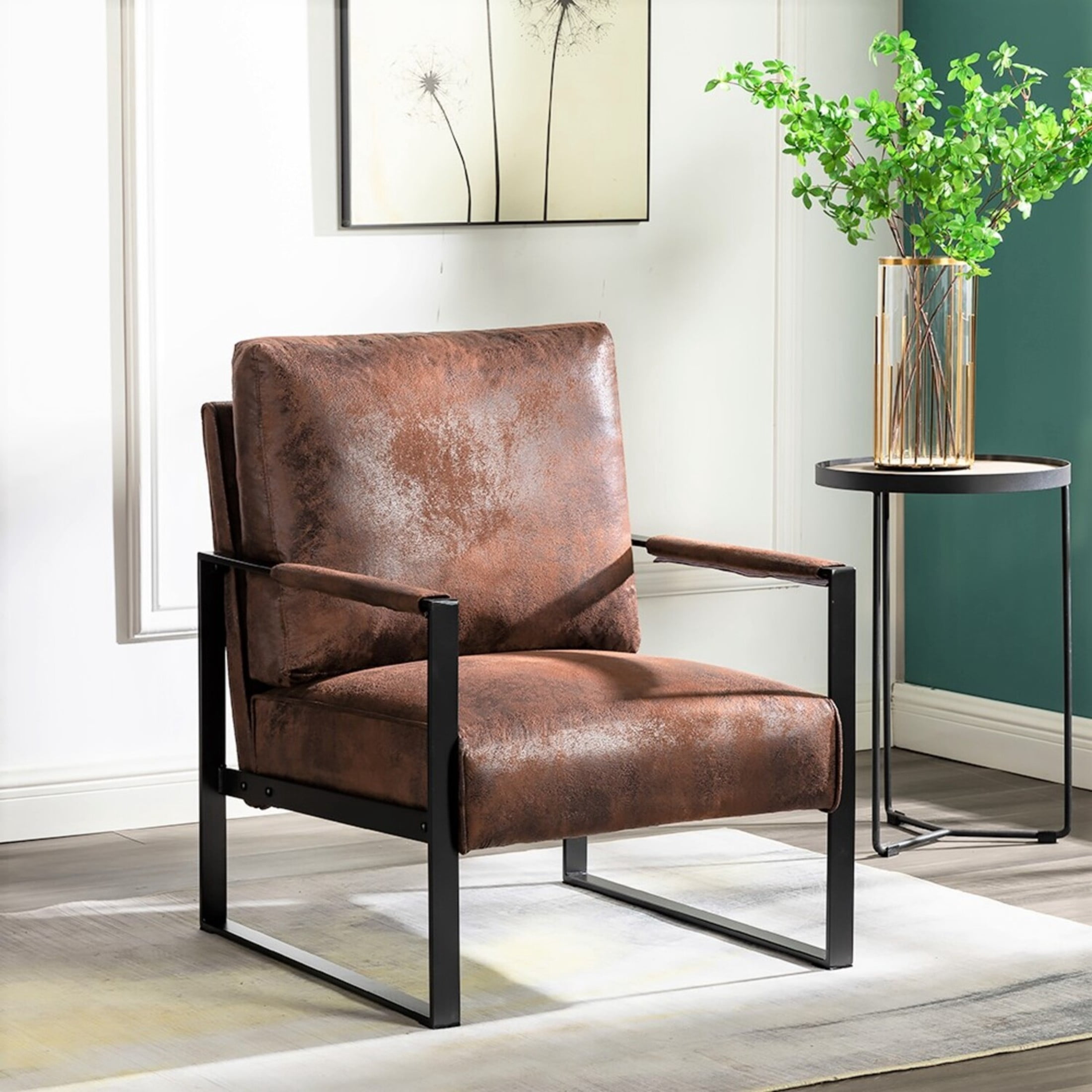 GDF Studio 25.4" Mid-Century Modern Accent Chair with Square Metal Frame, Microfiber Upholstery, Brown
