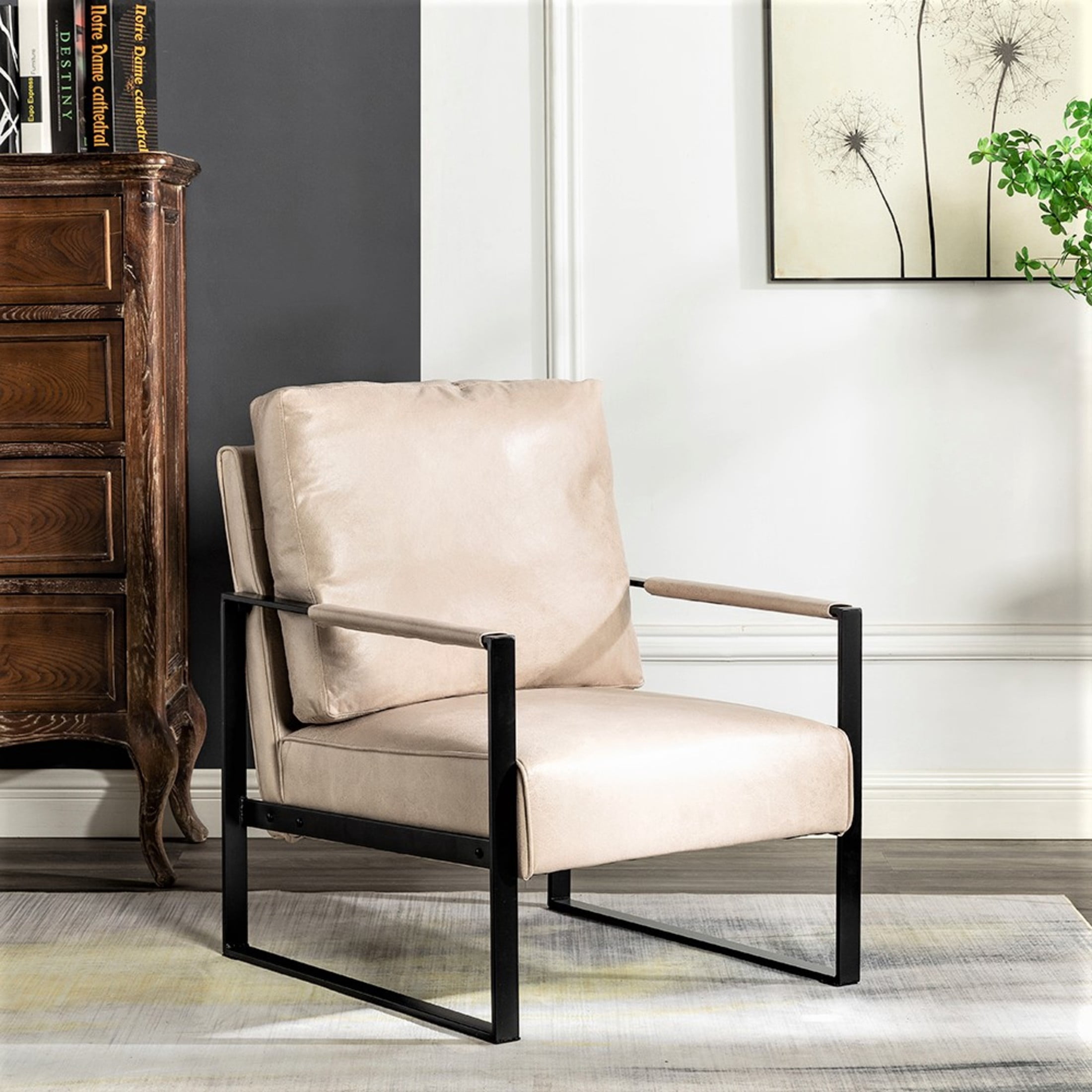 GDF Studio 25.4" Mid-Century Modern Accent Chair with Square Metal Frame, Microfiber Upholstery, Light Camel