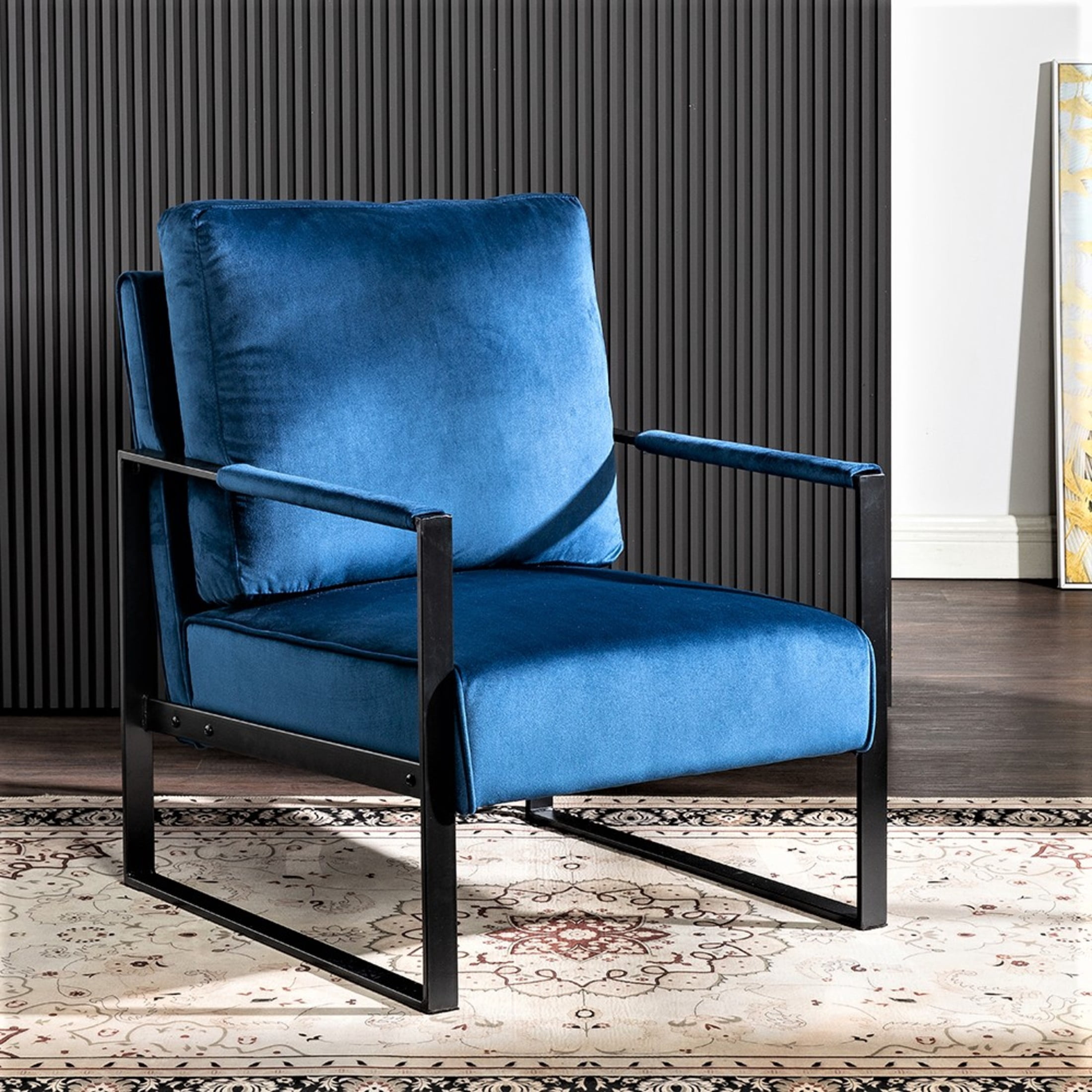 GDF Studio 25.4" Mid-Century Modern Accent Chair with Square Metal Frame, Velvet Upholstery, Blue