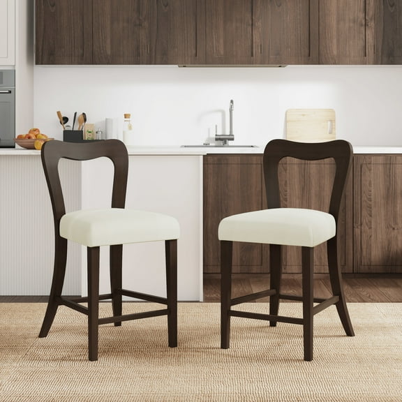 GDF Studio 25.5" Upholstered Counter Height Bar Stools, Open Back, Wood Frame, Dark Brown+Beige, Set of 2