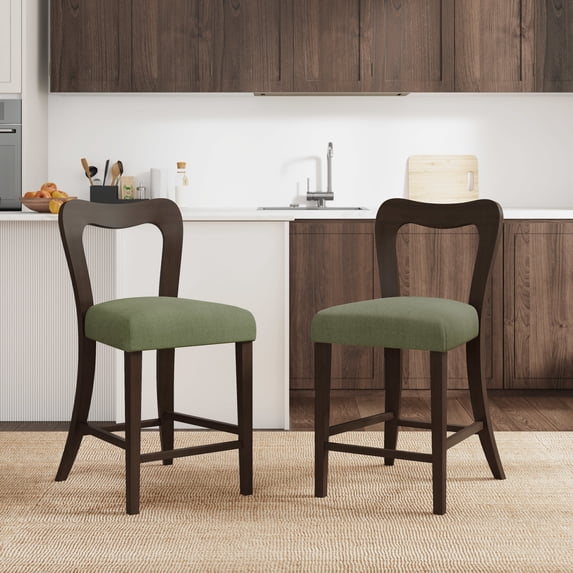 GDF Studio 25.5" Upholstered Counter Height Bar Stools, Open Back, Wood Frame, Dark Brown+Green, Set of 2