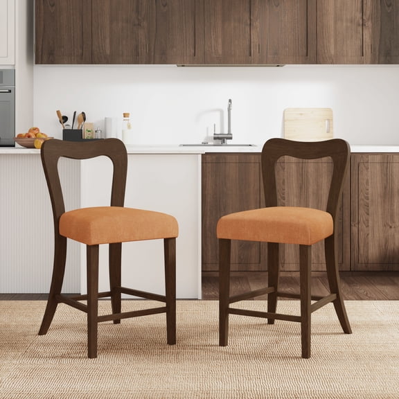 GDF Studio 25.5" Upholstered Counter Height Bar Stools, Open Back, Wood Frame, Walnut+Caramel, Set of 2