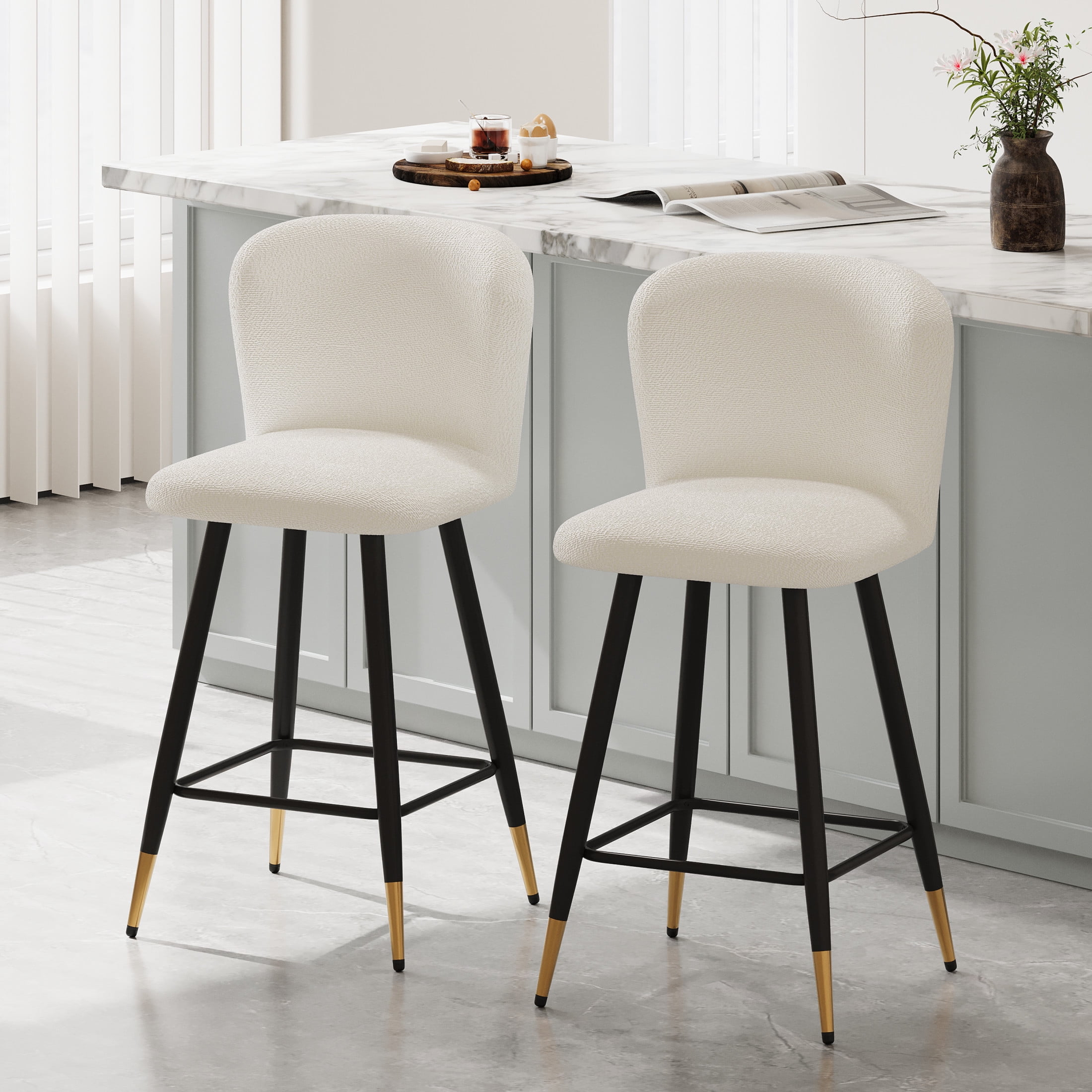 Modern White Upholstered Bar Stools with Gold-Tipped Metal Legs, Set of 2