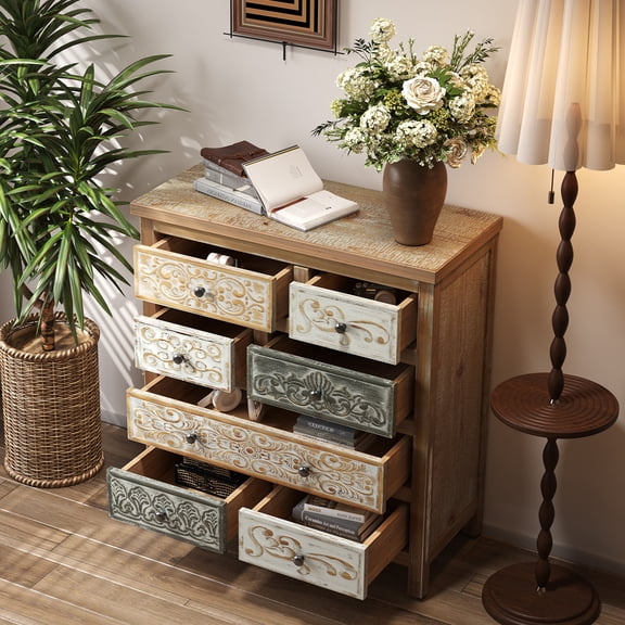 GDF Studio 25" Vintage Wooden Accent Chest, Rustic 6 Drawer Storage Dresser, Living Room, Multicolor