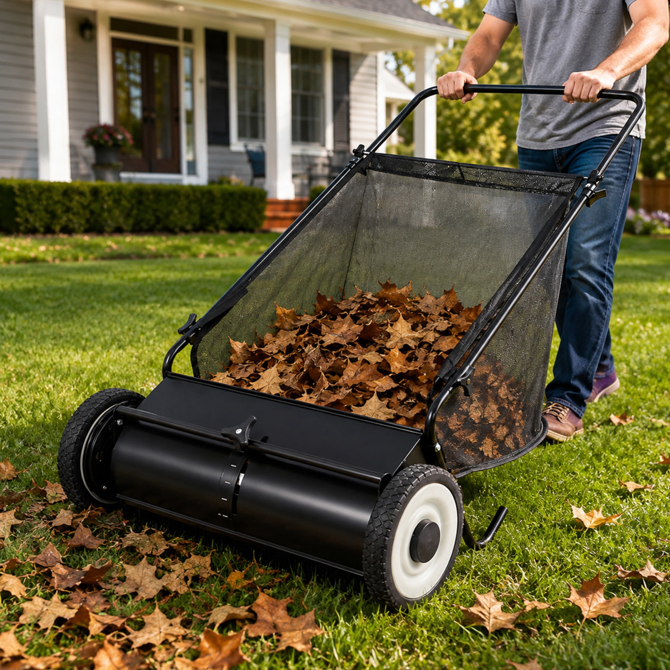 GDF Studio 26" Push Lawn Sweeper with 7 Cu. Ft. Large Hopper & 4 Rotating Brushes, Heavy-Duty Steel Frame, Black