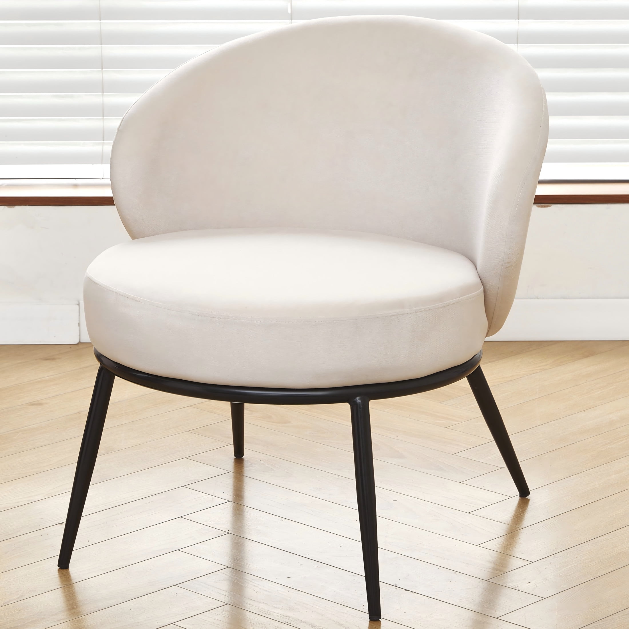 GDF Studio 27.36" Mid-Century Modern Round Accent Chair with Velvet Upholstery, Black Metal Legs, Beige