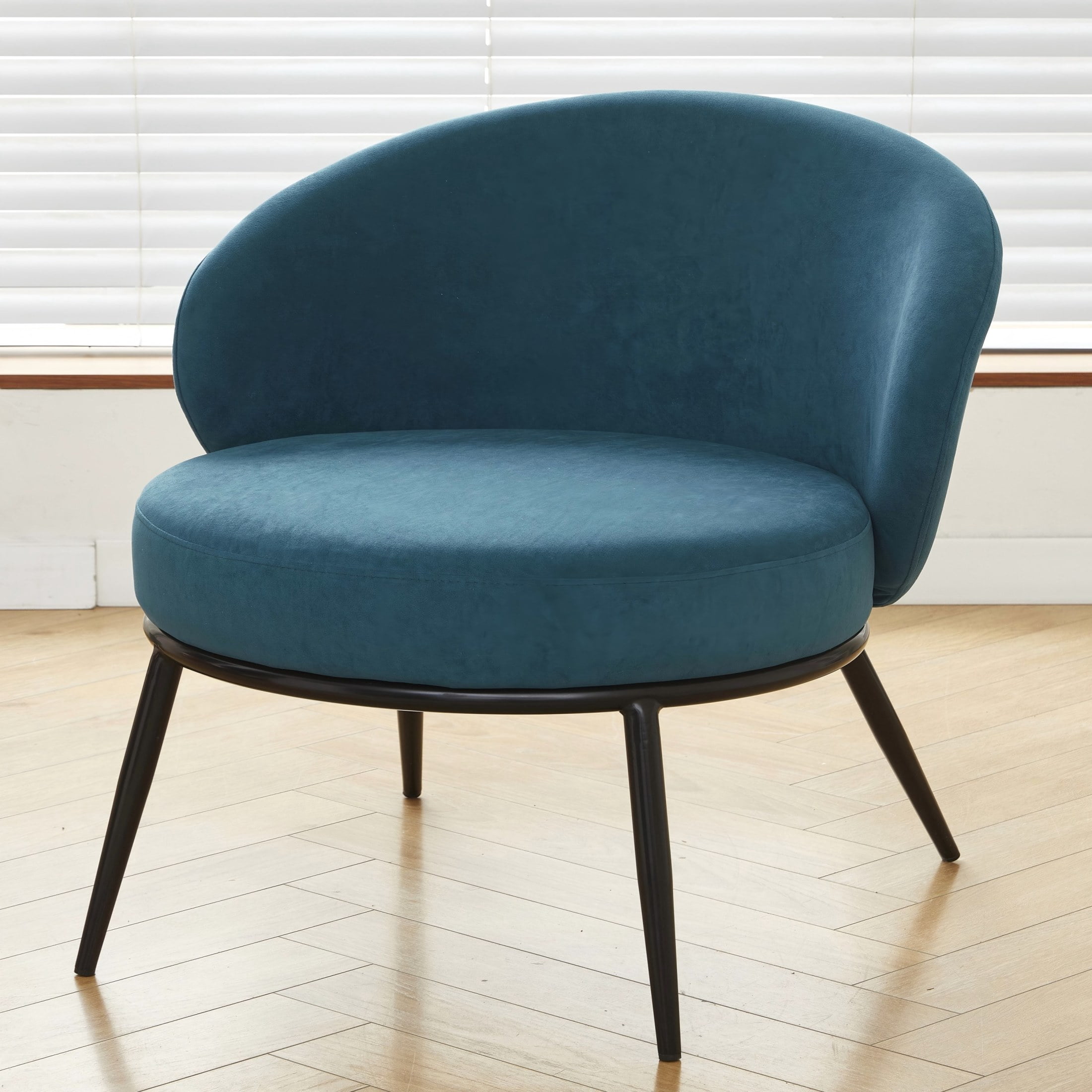 GDF Studio 27.36" Mid-Century Modern Round Accent Chair with Velvet Upholstery, Black Metal Legs, Blue