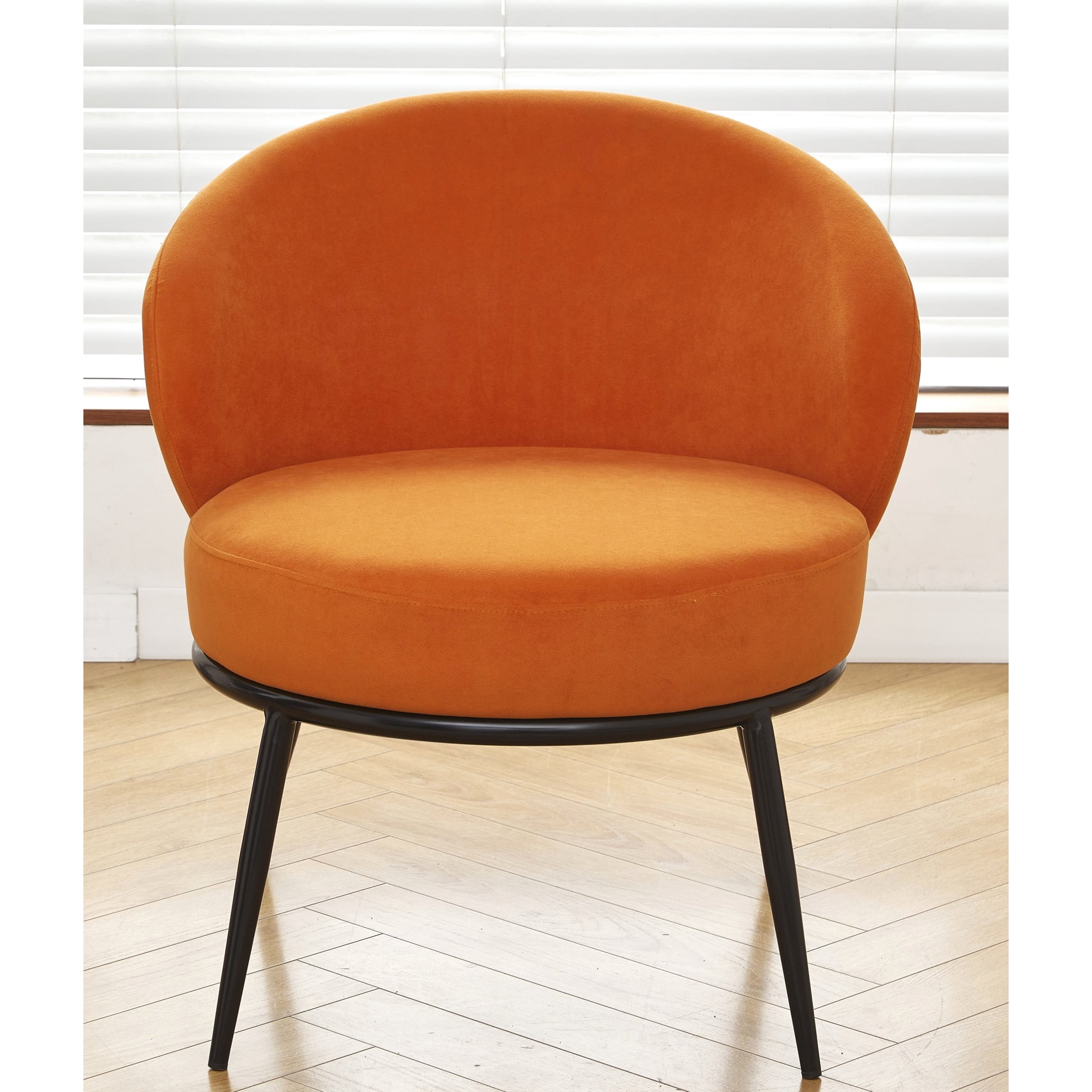 GDF Studio 27.36" Mid-Century Modern Round Accent Chair with Velvet Upholstery, Black Metal Legs, Orange
