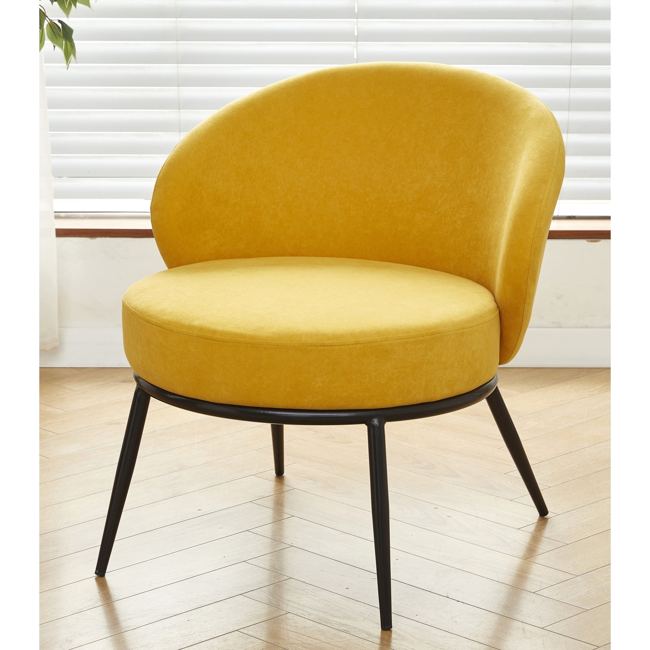 GDF Studio 27.36" Mid-Century Modern Round Accent Chair with Velvet Upholstery, Black Metal Legs, Yellow