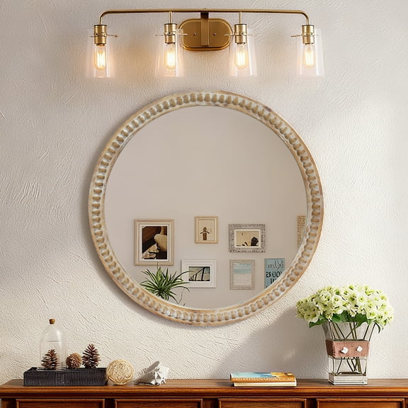 GDF Studio 27.50" Round Decorative Wall Mirror, Distressed Wood Beaded Frame, Farmhouse Accent Style, Natural