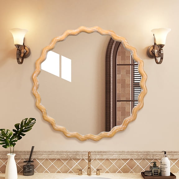 GDF Studio 27.50" Round Wavy Wall Mirror, Whitewash Distressed Wood Frame, Farmhouse Decor, Entryway, Natural