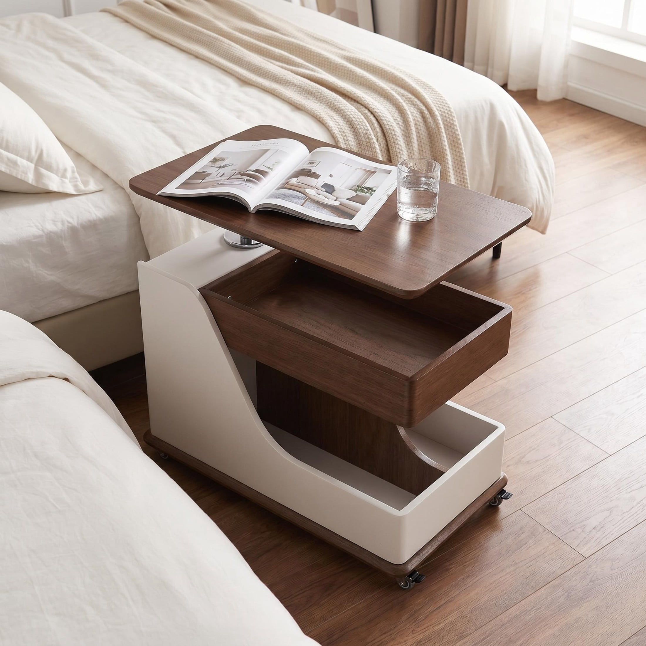 GDF Studio 27.6" Adjustable Lift-Top Side Table with Hidden Storage, 360° Swivel Top, White+Walnut