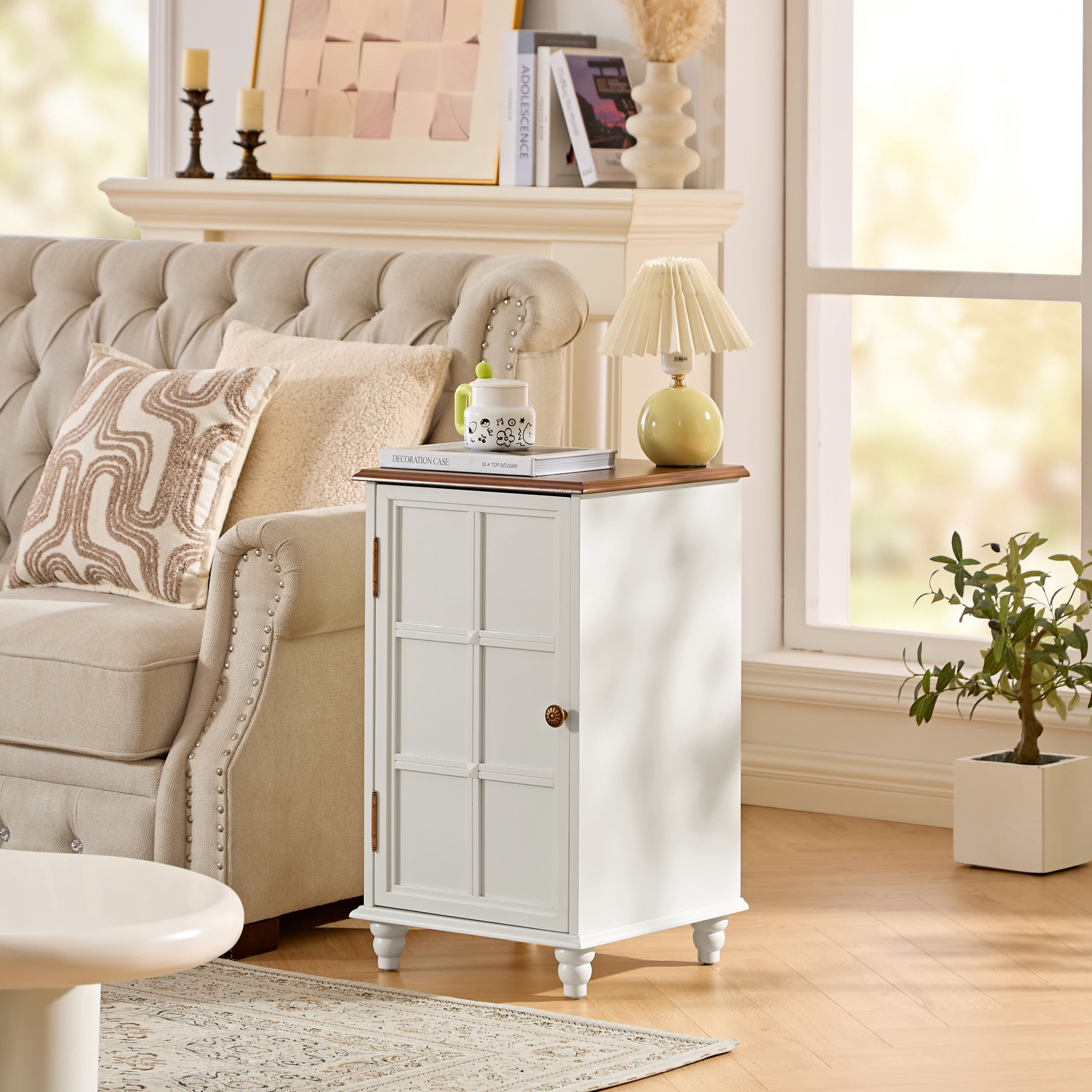 GDF Studio 27" Tall Mid-Century Modern Floor Cabinet with Door & Adjustable Shelf, White+Walnut