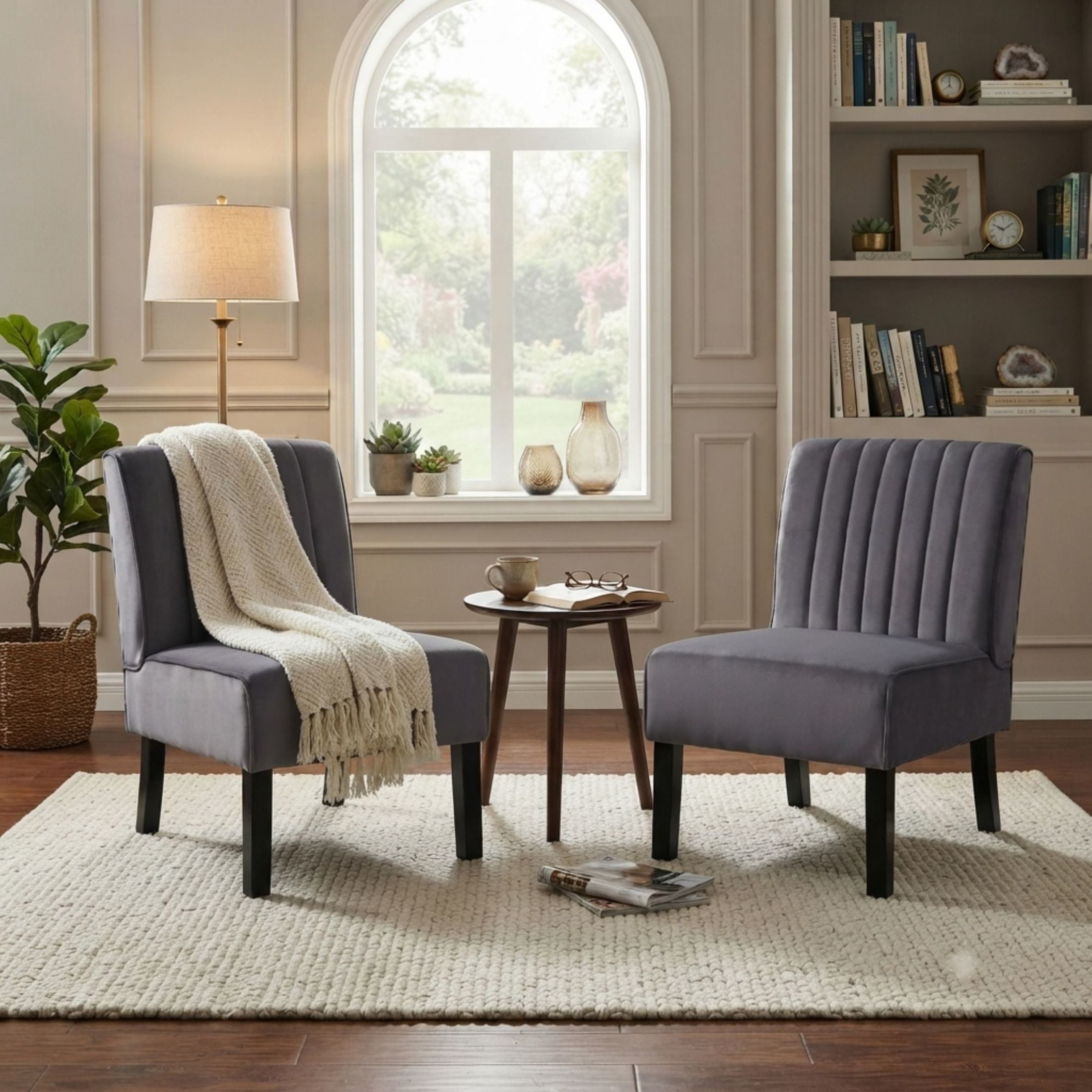 GDF Studio 29.5" Mid-Century Modern Accent Chairs Set of 2 with Channel Tufted Velvet Upholstery, Gray