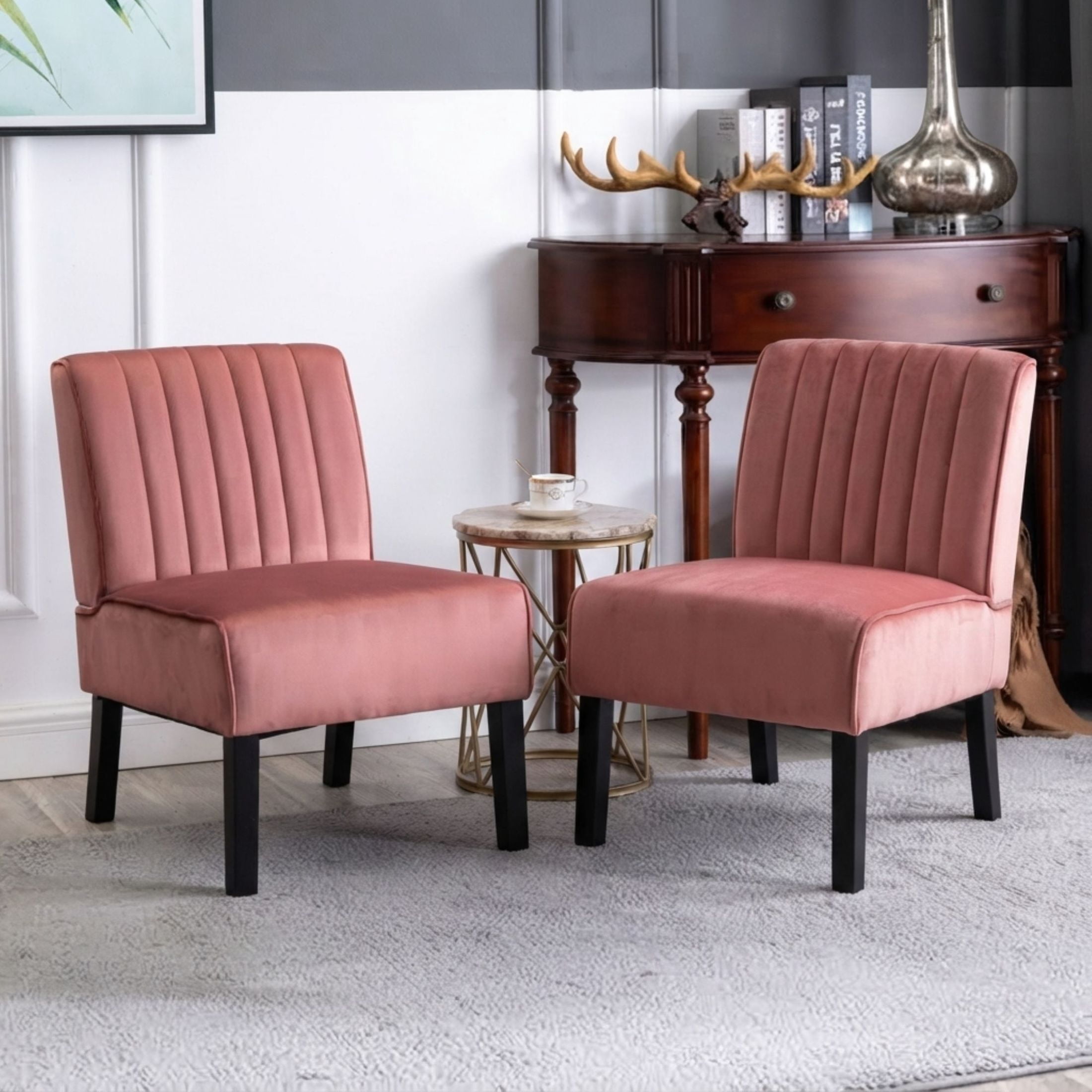 GDF Studio 29.5" Mid-Century Modern Accent Chairs Set of 2 with Channel Tufted Velvet Upholstery, Rose