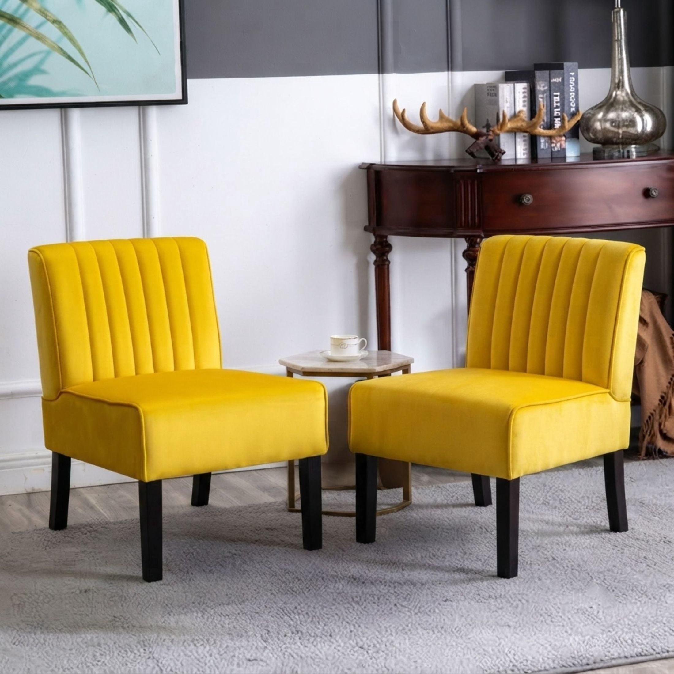 GDF Studio 29.5" Mid-Century Modern Accent Chairs Set of 2 with Channel Tufted Velvet Upholstery, Yellow