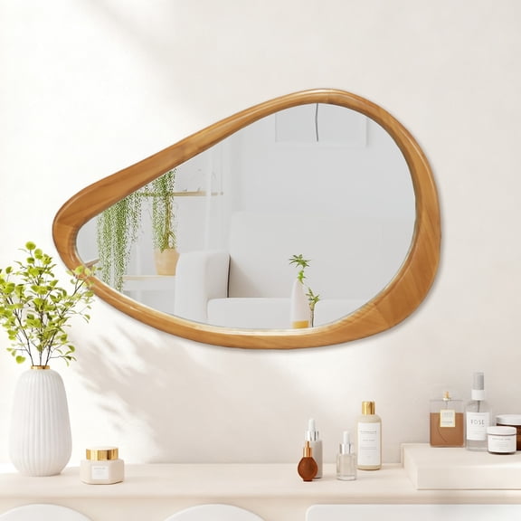 GDF Studio 29.92" Irregular Teardrop Wooden Wall Mirror, Mid-Century Modern Asymmetrical Accent Mirror, Natural