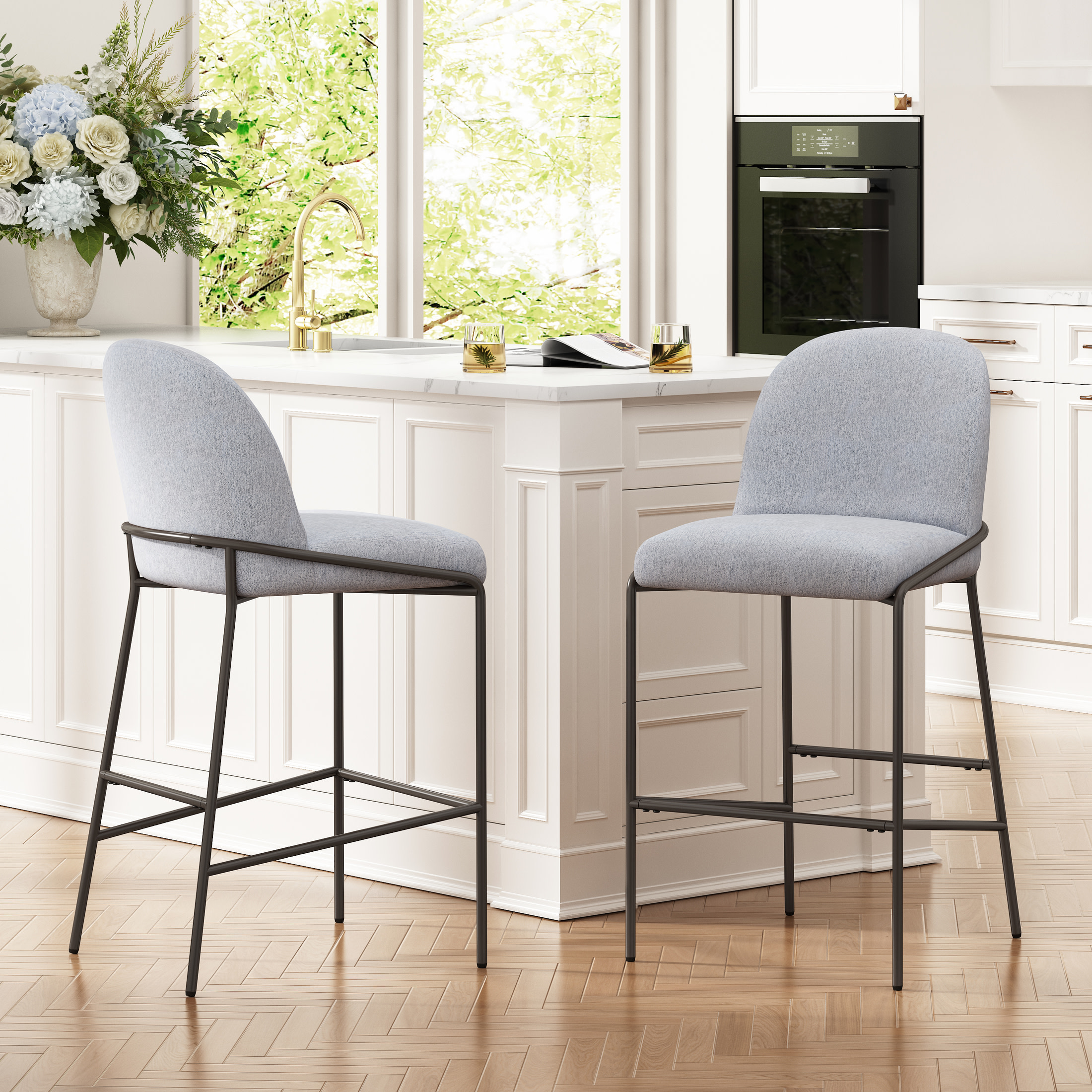 GDF Studio 29" Indoor Metal Upholstered Bar Stools, Antique Bronze Finish Frame with Gray Fabric, Set of 2