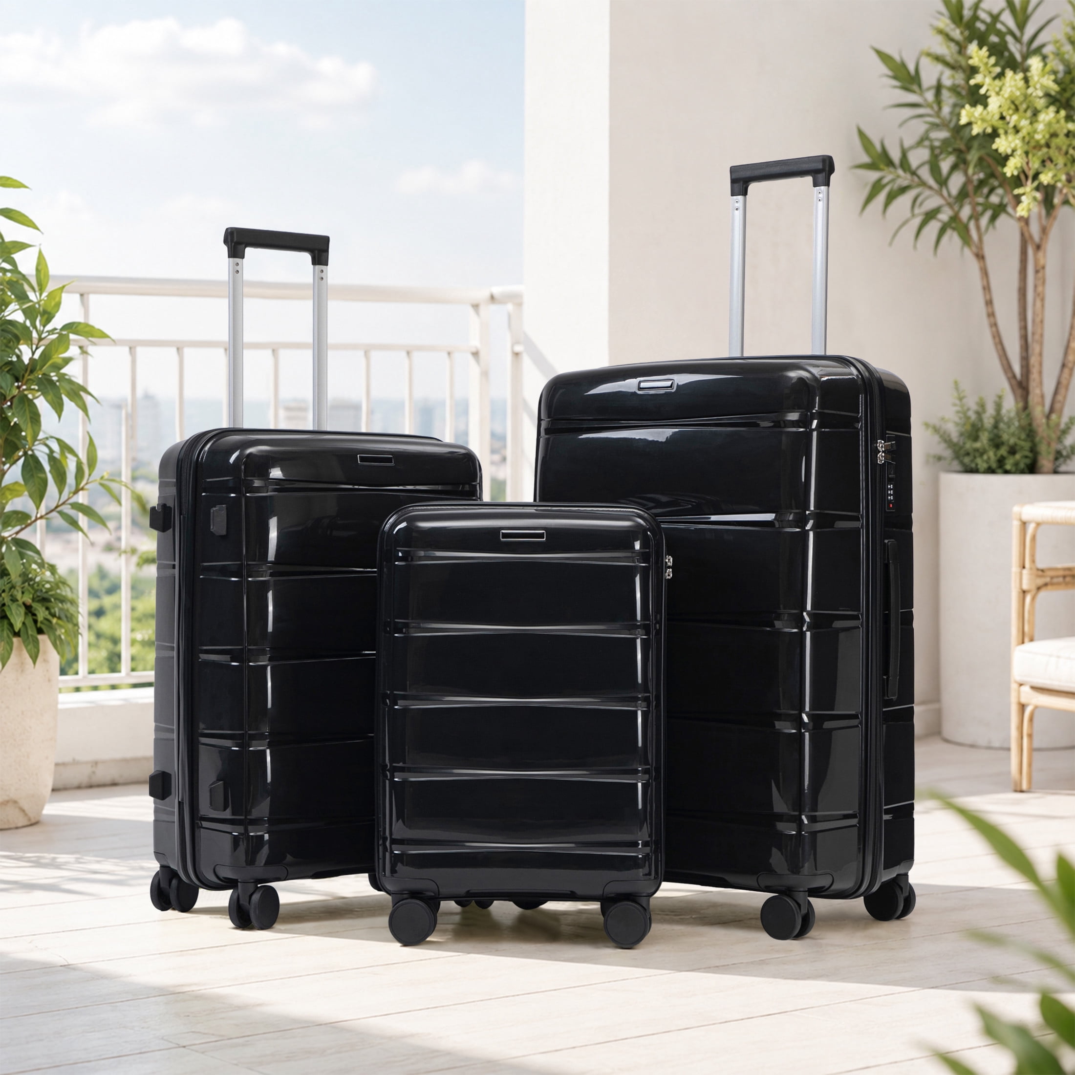 GDF Studio 3-Piece 20"/24"/28" PP Hardshell Travel Luggage Set with Spinner Wheels & Combination Lock, Black