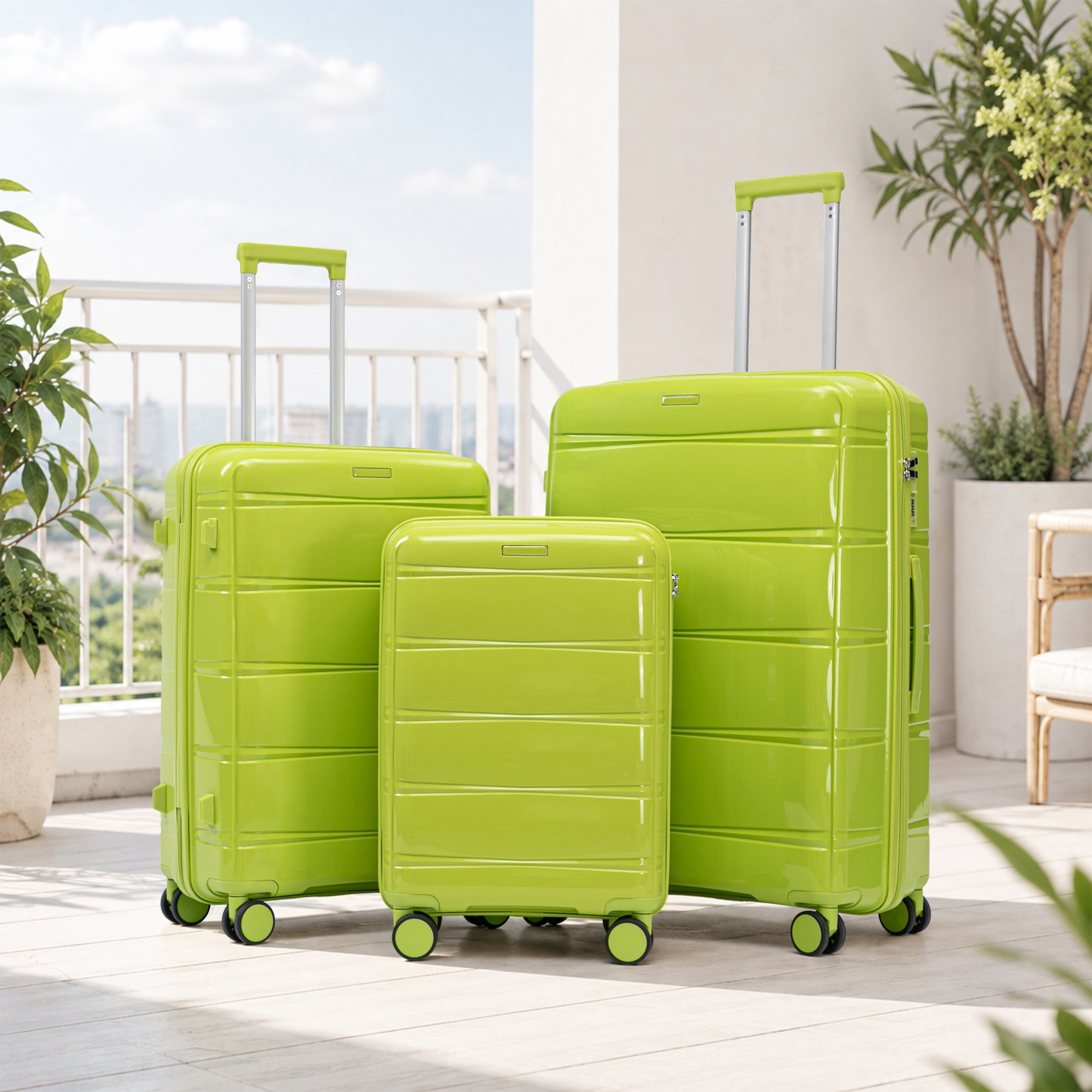 GDF Studio 3-Piece 20"/24"/28" PP Hardshell Travel Luggage Set with Spinner Wheels & Combination Lock, Green