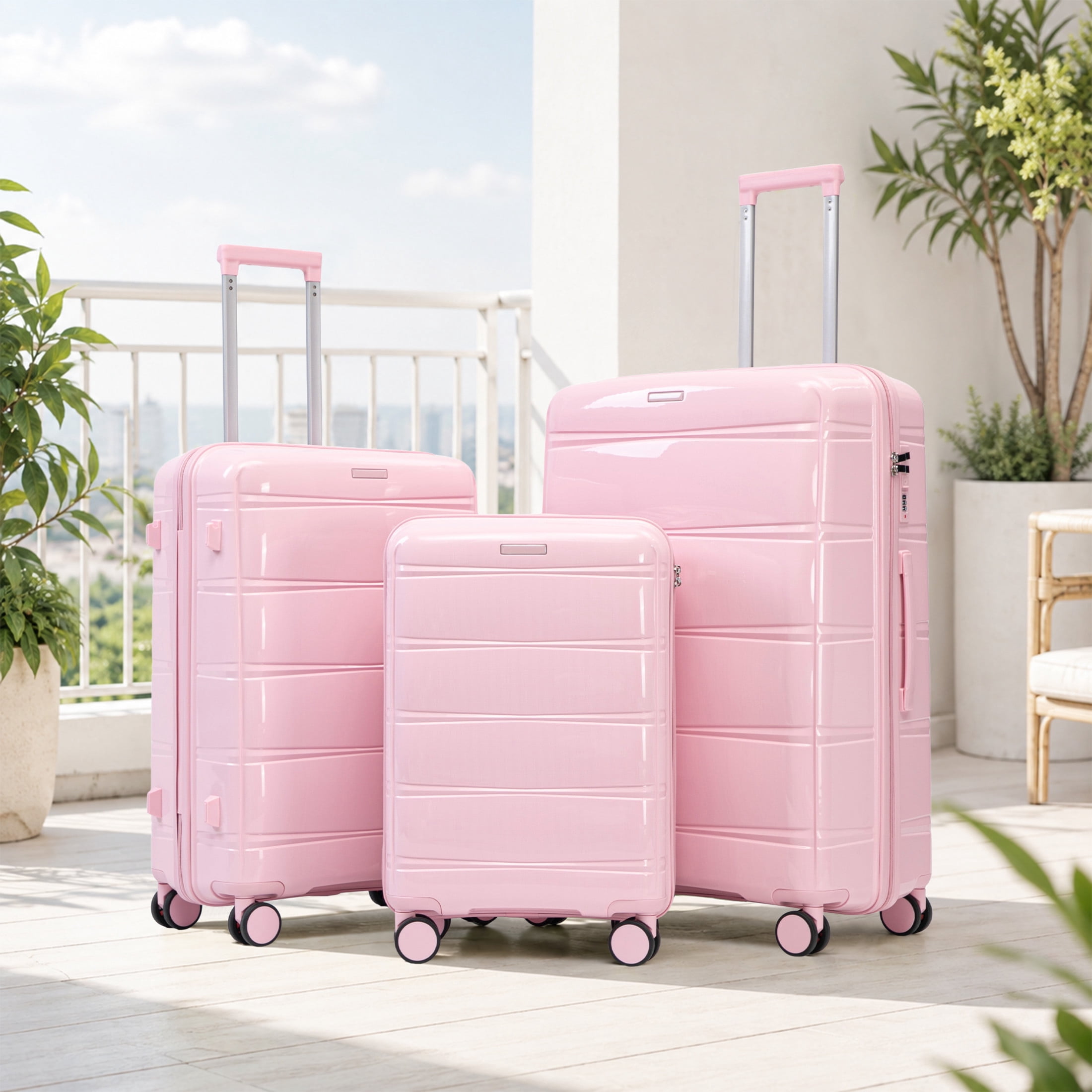 GDF Studio 3-Piece 20"/24"/28" PP Hardshell Travel Luggage Set with Spinner Wheels & Combination Lock, Pink
