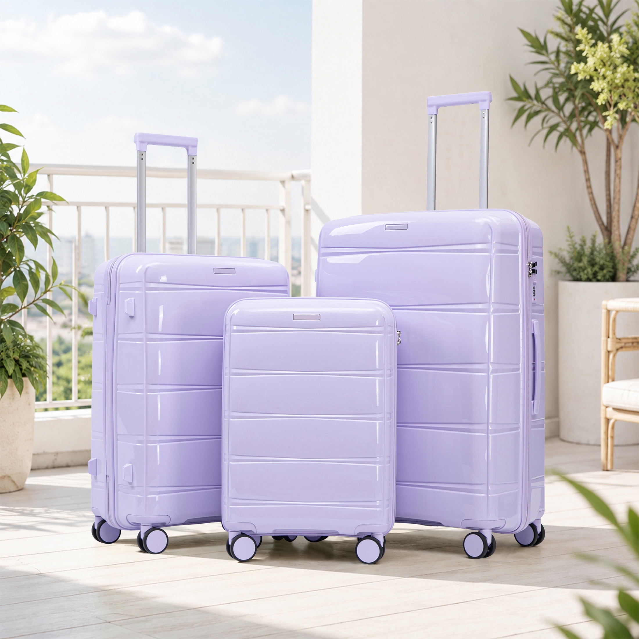 GDF Studio 3-Piece 20"/24"/28" PP Hardshell Travel Luggage Set with Spinner Wheels & Combination Lock, Purple