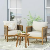 GDF Studio 3-Piece Acacia Wood Chat Set with Round Side Table & 2 Cushioned Club Chairs, Brown Beige