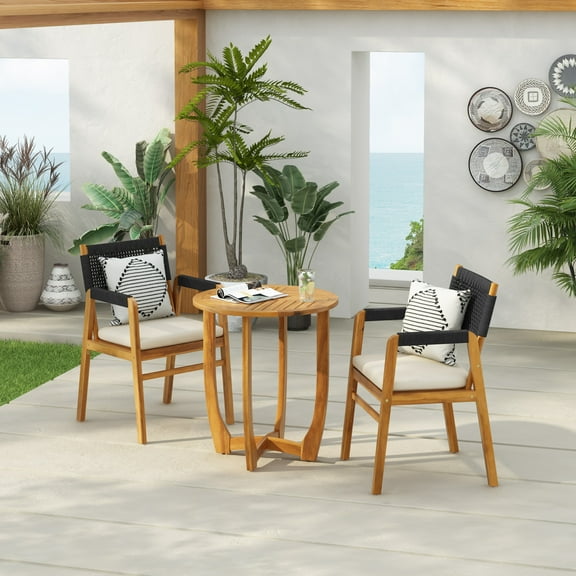 GDF Studio 3-Piece Acacia Wood Outdoor Bistro Set with Rope-Woven Chairs and Slat Table, Black+Teak
