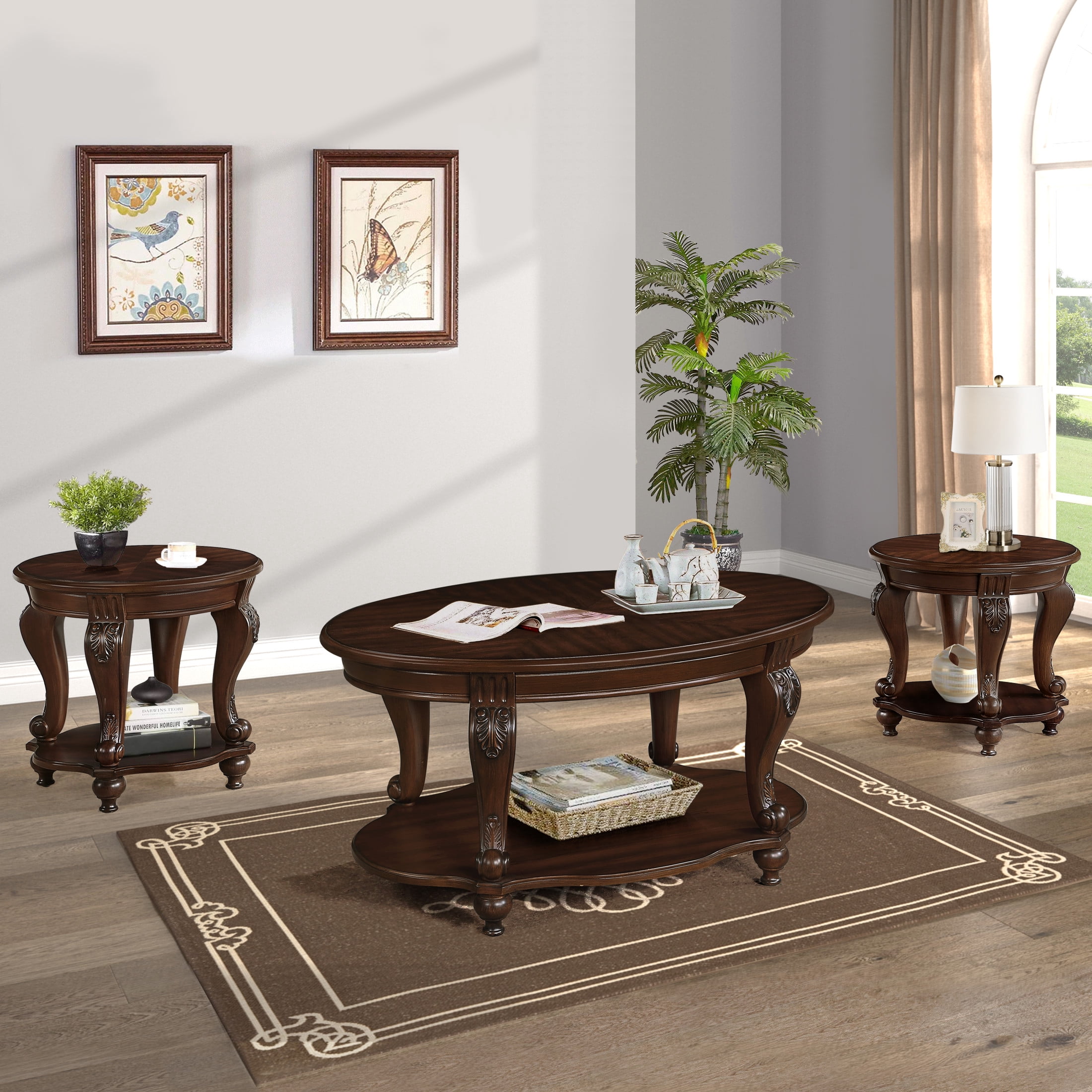 GDF Studio 3-Piece Coffee Table Set, Oval Coffee Table and 2 End Tables ...