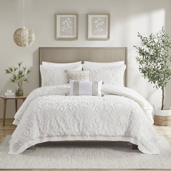 GDF Studio 3-Piece Cotton Chenille Full/Queen Comforter Set, Tufted 3D Embroidery Bedding with Shams, Ivory